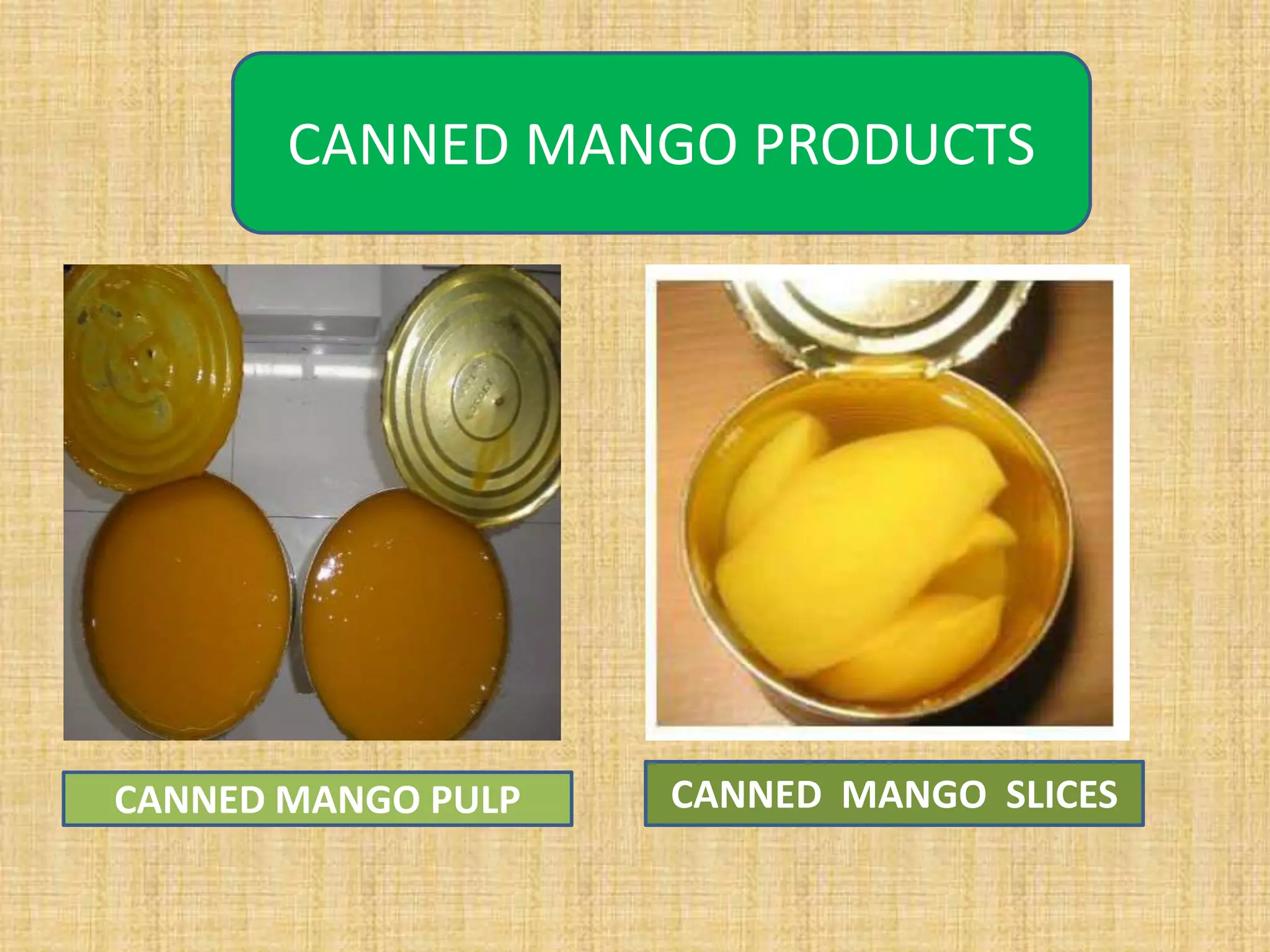 CANNED MANGO PRODUCTS
CANNED MANGO PULP CANNED MANGO SLICES
 