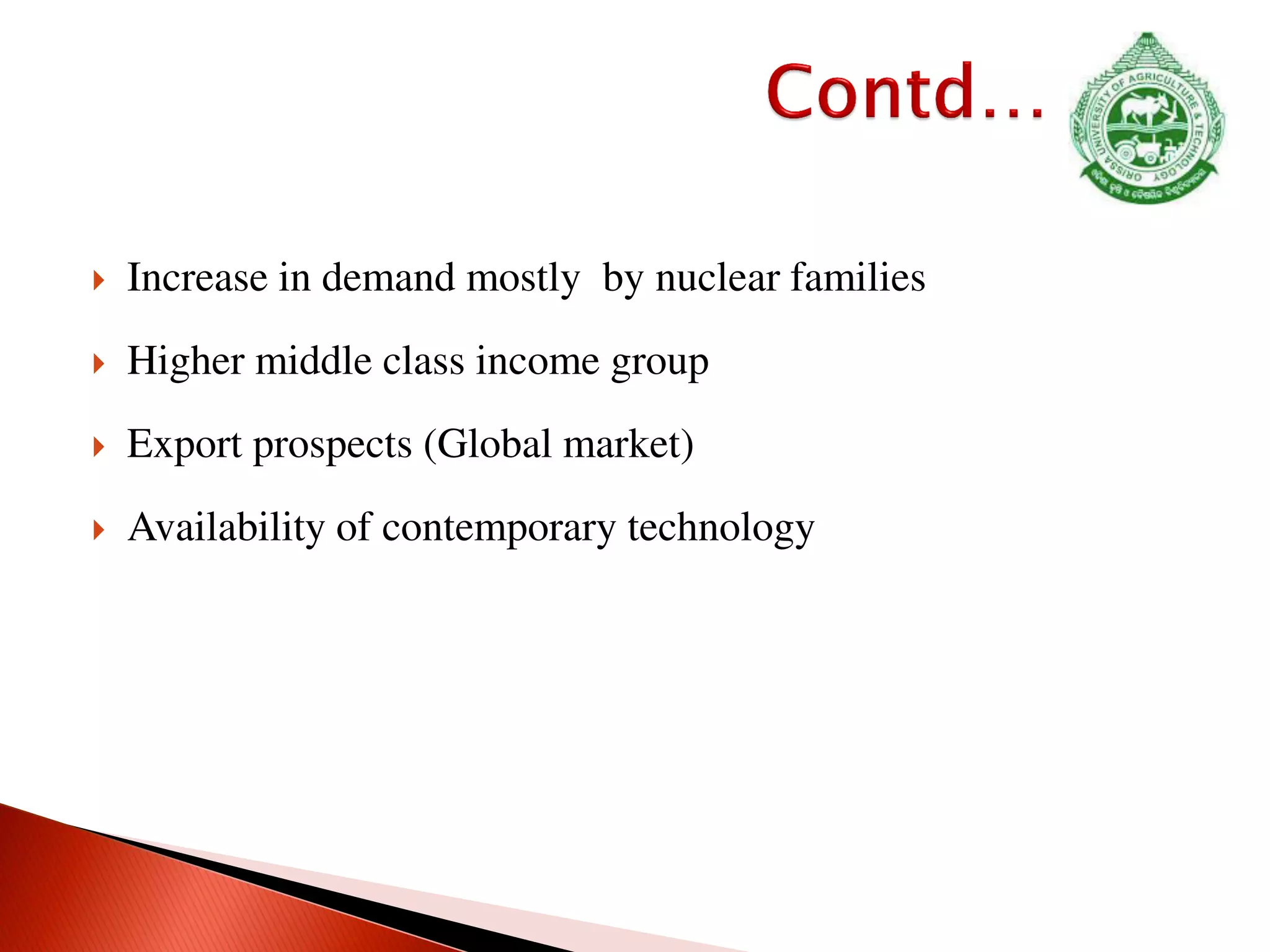  Increase in demand mostly by nuclear families
 Higher middle class income group
 Export prospects (Global market)
 Availability of contemporary technology
 