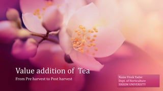 Value addition of Tea
From Pre harvest to Post harvest Name Vivek Yadav
Dept. of Horticulture
SIKKIM UNIVERSITY
 