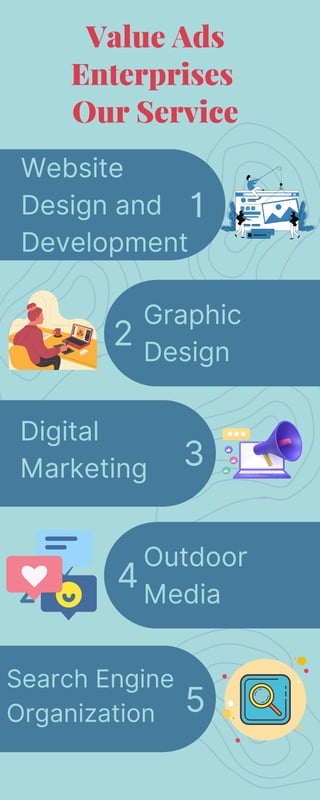 Graphic
Design
Value Ads
Enterprises
Our Service
Website
Design and
Development
1
4
5
Digital
Marketing
Search Engine
Organization
Outdoor
Media
3
2
 