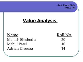 Value Analysis  Name Roll No. Manish Shishodia   30 Mehul Patel   10 Adrian D’souza   14 ,[object Object],[object Object]