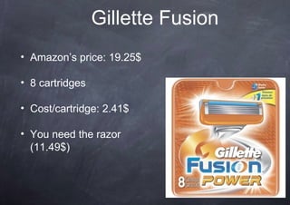 Gillette Fusion
• Amazon’s price: 19.25$

• 8 cartridges

• Cost/cartridge: 2.41$

• You need the razor
  (11.49$)
 