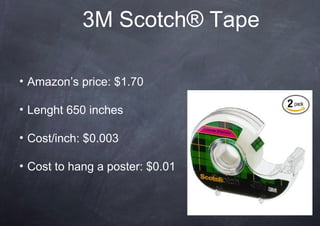 3M Scotch® Tape

• Amazon’s price: $1.70

• Lenght 650 inches

• Cost/inch: $0.003

• Cost to hang a poster: $0.01
 