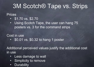 3M Scotch® Tape vs. Strips
Prices
  • $1.70 vs. $2.70
  • Using Scotch Tape, the user can hang 75
     posters vs. 3 for the command strips

Cost in use
 • $0.01 vs. $0.32 to hang 1 poster

Additional perceived values justify the additional cost
in use
   • Less damage to wall
   • Simplicity to remove
   • Durability
 
