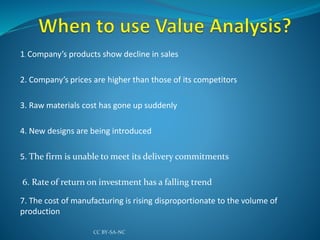 1. Company’s products show decline in sales
2. Company’s prices are higher than those of its competitors
3. Raw materials cost has gone up suddenly
4. New designs are being introduced
5. The firm is unable to meet its delivery commitments
6. Rate of return on investment has a falling trend
7. The cost of manufacturing is rising disproportionate to the volume of
production
CC BY-SA-NC
 