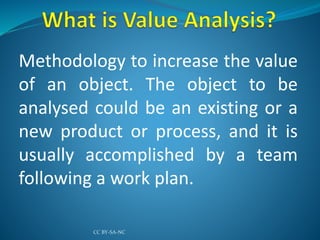 Methodology to increase the value
of an object. The object to be
analysed could be an existing or a
new product or process, and it is
usually accomplished by a team
following a work plan.
CC BY-SA-NC
 