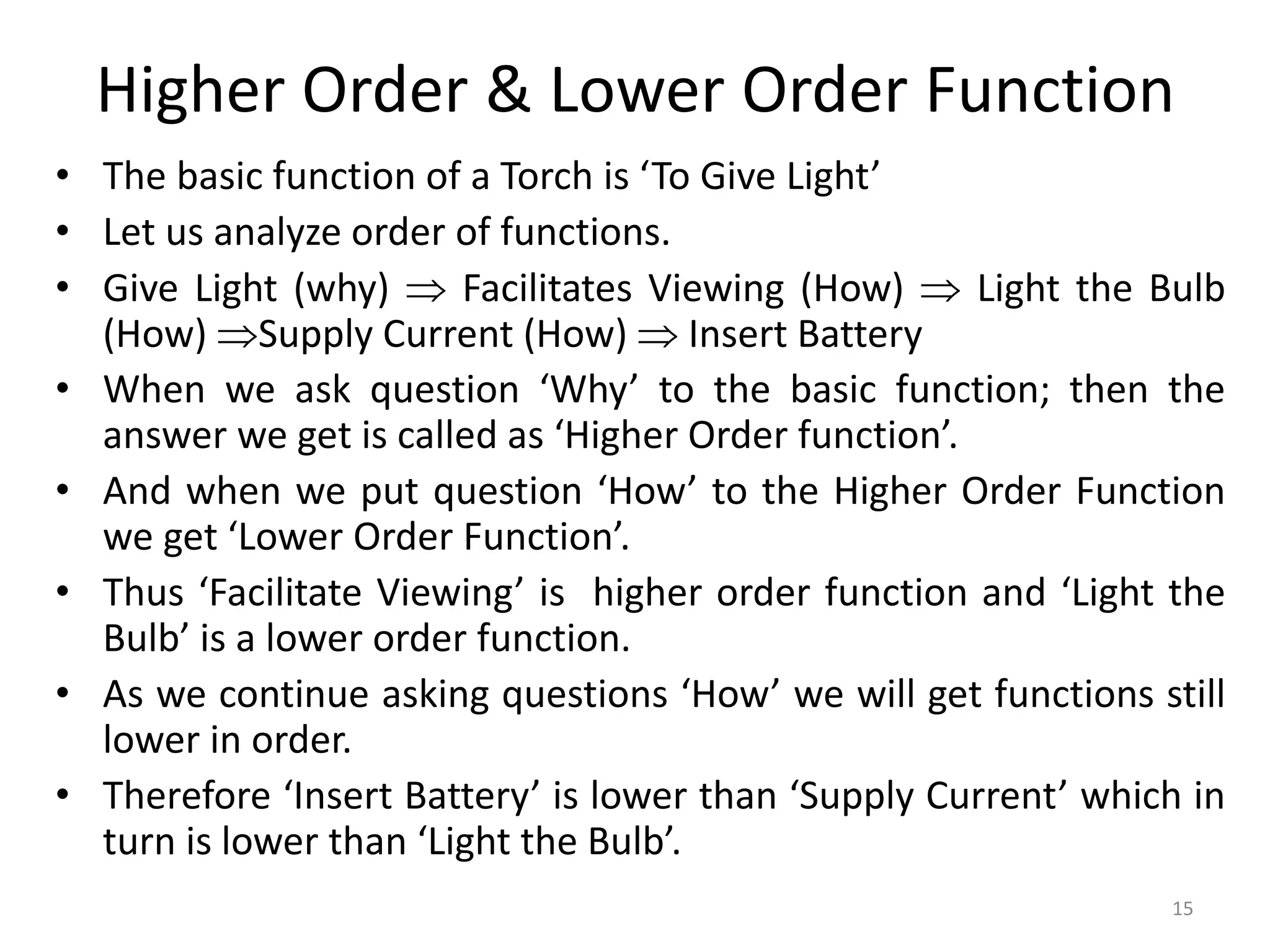 Higher Order & Lower Order Function
• The basic function of a Torch is ‘To Give Light’
• Let us analyze order of functions.
• Give Light (why)  Facilitates Viewing (How)  Light the Bulb
(How) Supply Current (How)  Insert Battery
• When we ask question ‘Why’ to the basic function; then the
answer we get is called as ‘Higher Order function’.
• And when we put question ‘How’ to the Higher Order Function
we get ‘Lower Order Function’.
• Thus ‘Facilitate Viewing’ is higher order function and ‘Light the
Bulb’ is a lower order function.
• As we continue asking questions ‘How’ we will get functions still
lower in order.
• Therefore ‘Insert Battery’ is lower than ‘Supply Current’ which in
turn is lower than ‘Light the Bulb’.
15
 