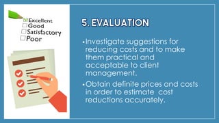 •Investigate suggestions for
reducing costs and to make
them practical and
acceptable to client
management.
•Obtain definite prices and costs
in order to estimate cost
reductions accurately.
 