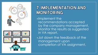 •Implement the
recommendations accepted
by the company management.
Monitor the results as suggested
in VA report.
•Jot down the feedback of the
management upon
completion of VA assignment.
 