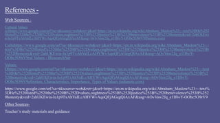 References -
Web Sources -
Cultural Values
(clihttps://www.google.com/url?sa=t&source=web&rct=j&url=https://en.m.wikipedia.org/wiki/Abraham_Maslow%23:~:text%3DHe%252
0listed%2520the%2520B%252Dvalues,oughtness%253B%2520justice%253B%2520benevolence%253B%2520honesty&ved=2ahUKEwi
a-Iu1p9TxAhVaILcAHYWvAqoQFjAGegQIAxAF&usg=AOvVaw2Jq_e1If6vY-OObc5O9rV9ffsnotes.com)
Cultuhttps://www.google.com/url?sa=t&source=web&rct=j&url=https://en.m.wikipedia.org/wiki/Abraham_Maslow%23:~:
text%3DHe%2520listed%2520the%2520B%252Dvalues,oughtness%253B%2520justice%253B%2520benevolence%253B
%2520honesty&ved=2ahUKEwia-Iu1p9TxAhVaILcAHYWvAqoQFjAGegQIAxAF&usg=AOvVaw2Jq_e1If6vY-
OObc5O9rV9ral Values - IResearchNet
Values:
Dhttps://www.google.com/url?sa=t&source=web&rct=j&url=https://en.m.wikipedia.org/wiki/Abraham_Maslow%23:~:text
%3DHe%2520listed%2520the%2520B%252Dvalues,oughtness%253B%2520justice%253B%2520benevolence%253B%2
520honesty&ved=2ahUKEwia-Iu1p9TxAhVaILcAHYWvAqoQFjAGegQIAxAF&usg=AOvVaw2Jq_e1If6vY-
OObc5O9rV9efinition, Characteristics, Importance, Types of Values (iedunote.com)
https://www.google.com/url?sa=t&source=web&rct=j&url=https://en.m.wikipedia.org/wiki/Abraham_Maslow%23:~:text%
3DHe%2520listed%2520the%2520B%252Dvalues,oughtness%253B%2520justice%253B%2520benevolence%253B%252
0honesty&ved=2ahUKEwia-Iu1p9TxAhVaILcAHYWvAqoQFjAGegQIAxAF&usg=AOvVaw2Jq_e1If6vY-OObc5O9rV9
Other Sources-
Teacher’s study materials and guidance
 