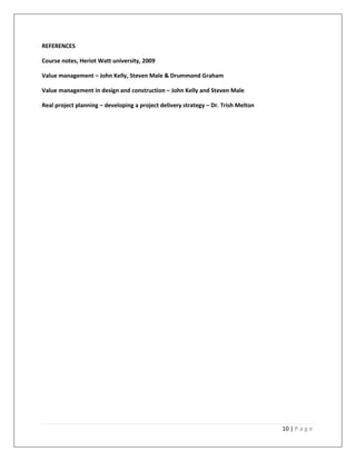 REFERENCES

Course notes, Heriot Watt university, 2009

Value management – John Kelly, Steven Male & Drummond Graham

Value management in design and construction – John Kelly and Steven Male

Real project planning – developing a project delivery strategy – Dr. Trish Melton




                                                                                    10 | P a g e
 