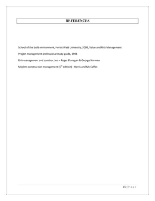 REFERENCES




School of the built environment, Heriot Watt University, 2009, Value and Risk Management

Project management professional study guide, 1998

Risk management and construction – Roger Flanagan & George Norman

Modern construction management (5th edition) - Harris and Mc Caffer.




                                                                                           15 | P a g e
 