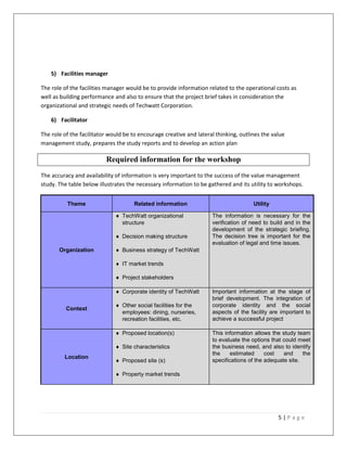 5) Facilities manager

The role of the facilities manager would be to provide information related to the operational costs as
well as building performance and also to ensure that the project brief takes in consideration the
organizational and strategic needs of Techwatt Corporation.

    6) Facilitator

The role of the facilitator would be to encourage creative and lateral thinking, outlines the value
management study, prepares the study reports and to develop an action plan

                          Required information for the workshop
The accuracy and availability of information is very important to the success of the value management
study. The table below illustrates the necessary information to be gathered and its utility to workshops.


          Theme                      Related information                              Utility

                               TechWatt organizational              The information is necessary for the
                                structure                            verification of need to build and in the
                                                                     development of the strategic briefing.
                               Decision making structure            The decision tree is important for the
                                                                     evaluation of legal and time issues.
       Organization            Business strategy of TechWatt

                               IT market trends

                               Project stakeholders

                               Corporate identity of TechWatt       Important information at the stage of
                                                                     brief development. The integration of
                               Other social facilities for the      corporate identity and the social
          Context
                                employees: dining, nurseries,        aspects of the facility are important to
                                recreation facilities, etc.          achieve a successful project

                               Proposed location(s)                 This information allows the study team
                                                                     to evaluate the options that could meet
                               Site characteristics                 the business need, and also to identify
                                                                     the    estimated      cost   and     the
         Location
                               Proposed site (s)                    specifications of the adequate site.

                               Property market trends




                                                                                                5|Page
 