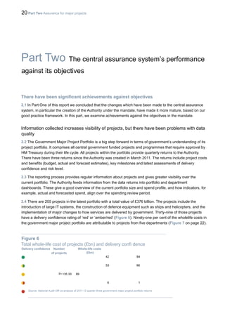 20 Part Two Assurance for major projects
Part Two The central assurance system’s performance
against its objectives
There have been significant achievements against objectives
2.1 In Part One of this report we concluded that the changes which have been made to the central assurance
system, in particular the creation of the Authority under the mandate, have made it more mature, based on our
good practice framework. In this part, we examine achievements against the objectives in the mandate.
Information collected increases visibility of projects, but there have been problems with data
quality
2.2 The Government Major Project Portfolio is a big step forward in terms of government’s understanding of its
project portfolio. It comprises all central government funded projects and programmes that require approval by
HM Treasury during their life cycle. All projects within the portfolio provide quarterly returns to the Authority.
There have been three returns since the Authority was created in March 2011. The returns include project costs
and benefits (budget, actual and forecast estimates), key milestones and latest assessments of delivery
confidence and risk level.
2.3 The reporting process provides regular information about projects and gives greater visibility over the
current portfolio. The Authority feeds information from the data returns into portfolio and department
dashboards. These give a good overview of the current portfolio size and spend profile, and how indicators, for
example, actual and forecasted spend, align over the spending review period.
2.4 There are 205 projects in the latest portfolio with a total value of £376 billion. The projects include the
introduction of large IT systems, the construction of defence equipment such as ships and helicopters, and the
implementation of major changes to how services are delivered by government. Thirty-nine of those projects
have a delivery confidence rating of ‘red’ or ‘amber/red’ (Figure 6). Ninety-one per cent of the wholelife costs in
the government major project portfolio are attributable to projects from five departments (Figure 7 on page 22).
Figure 6
Total whole-life cost of projects (£bn) and delivery confi dence
Delivery confidence Number
of projects
Whole-life costs
(£bn)
42 84
53 66
71135 33 89
6 1
Source: National Audit Offi ce analysis of 2011-12 quarter three government major project portfolio returns
 