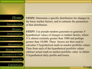 09/26/10 STEP2 : Determine a specific distribution for changes in the basic market factors, and to estimate the parameters of that distribution. STEP3 : Use pseudo-random generator to generate  N  hypothetical values of changes in market factors, where  N  is almost certainly greater than 1000 and perhaps greater than 10,000. These  factors are then used to calculate  N  hypothetical mark-to-market portfolio values. Then from each of the hypothetical portfolio values subtract actual mark-to-market portfolio value  to obtain  N  hypothetical daily profits and losses. Contd. 
