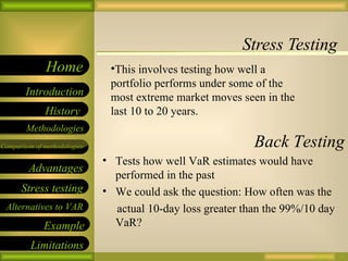 Stress Testing 09/26/10 This involves testing how well a portfolio performs under some of the most extreme market moves seen in the last 10 to 20 years. Back Testing Tests how well VaR estimates would have performed in the past We could ask the question: How often was the  actual 10-day loss greater than the 99%/10 day  VaR?  