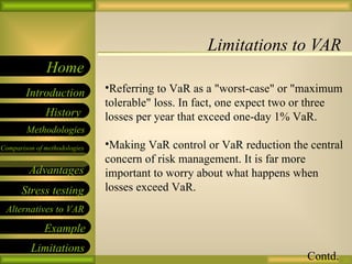 Limitations to VAR 09/26/10 Referring to VaR as a "worst-case" or "maximum tolerable" loss. In fact, one expect two or three losses per year that exceed one-day 1% VaR. Making VaR control or VaR reduction the central concern of risk management. It is far more important to worry about what happens when losses exceed VaR. Contd. 