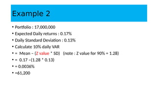 Example 2
• Portfolio : 17,000,000
• Expected Daily returns : 0.17%
• Daily Standard Deviation : 0.13%
• Calculate 10% daily VAR
• = Mean – (Z value * SD) (note : Z value for 90% = 1.28)
• = 0.17 –(1.28 * 0.13)
• = 0.0036%
• =61,200
 