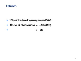 Solution  10% of the time loss may exceed VAR  So no. of observations  =  (.10) (250)  =  25 