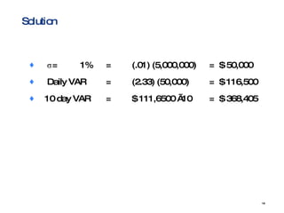 Solution σ= 1% = (.01) (5,000,000) =  $ 50,000 Daily VAR = (2.33) (50,000) =  $ 116,500  10 day VAR = $ 111,6500 √10 =  $ 368,405 
