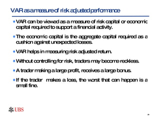 VAR can be viewed as a measure of risk capital or economic capital required to support a financial activity.  The economic capital is the aggregate capital required as a cushion against unexpected losses.  VAR helps in measuring risk adjusted return.  Without controlling for risk, traders may become reckless.  A trader making a large profit, receives a large bonus.  If the trader  makes a loss, the worst that can happen is a small fine.  VAR as a measure of risk adjusted performance 