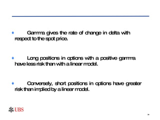 Gamma gives the rate of change in delta with  respect to the spot price. Long positions in options with a positive gamma  have less risk than with a linear model.  Conversely, short positions in options have greater  risk than implied by a linear model. 