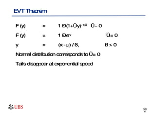 EVT Theorem  F (y)  =  1 – (1+€ y) - 1/€  € ≠ 0 F (y)  = 1 – e -y  € = 0 y  = (x - µ) / ß,  ß > 0 Normal distribution corresponds to € = 0 Tails disappear at exponential speed 