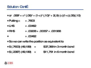 Solution  Cont…  or  .068 2  =   2  (.06) 2  + (1-  ) 2  (.10) 2  + 2(.9) (  )(1-  )(.06)(.10) Putting     = .7603 LHS  = .00462 RHS = .00208 + .00057 + .001968 = .00462 So we can write the position as equivalent to  $ (.7603) (49,189)  = $37,399 in 3 month bond $ (.2397) (49,189) = $11,791 in 6 month bond 