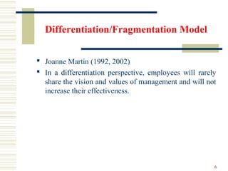 Differentiation/Fragmentation Model
 Joanne Martin (1992, 2002)
 In a differentiation perspective, employees will rarely
share the vision and values of management and will not
increase their effectiveness.
6
 