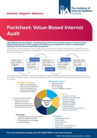 Factsheet: Value-Based Internal
Audit
The evolution of internal auditing over the last half-century is illustrated in the diagram below, with further details contained in
the IIA–Australia Factsheet ‘Evolution of Internal Audit’. The services focus is explained in the IIA–Australia White Paper ‘Internal
Audit Service Catalogue’.
Value-based auditing is where the internal audit profession is heading. Not many internal audit functions are there yet, but it is
an emerging trend. Key elements of value-based auditing are shown in the diagram below, then expanded upon in the following
commentary.
For more information, please call +61 2 9267 9155 or visit www.iia.org.au
Connect Support Advance
© 2020 - The Institute of Internal Auditors - Australia
Value-Based Internal Auditing – A methodology where internal auditors perform forward-looking
internal audit services to offer insights and actively seek innovation to improve an organisation,
seeking to do this from the audit client perspective.
Value-Based
Internal
Audit
Strategic Foundations
› Internal audit positioning
› Internal audit strategic vision
› Internal audit governance
› Learning and development
› Commitment to the IPPF
Stakeholder Relations
› Partnership model
› Advisory services
› Service catalogue
› Constant stakeholder feedback
Resourcing
› Multi-disciplinary team
› Guest auditors
› Rotation program
› Co-sourcing
› Career and succession planning
› Performance management
Approach
› Key agent of change
› Continuous risk assessment
› Assurance strategy
› Integrated auditing
› Operational auditing
› Agile audit approach
› Insightful reporting
› Audit recommendation monitoring
› Internal audit work plan
Technology
› Automated audit management software
› Audit committee secure portal
› Technology assurance strategy
› New technologies
Continuous Improvement
› Quality assurance and
improvement program
› Performance measures and
balanced scorecard reporting
› Internal audit annual report
 