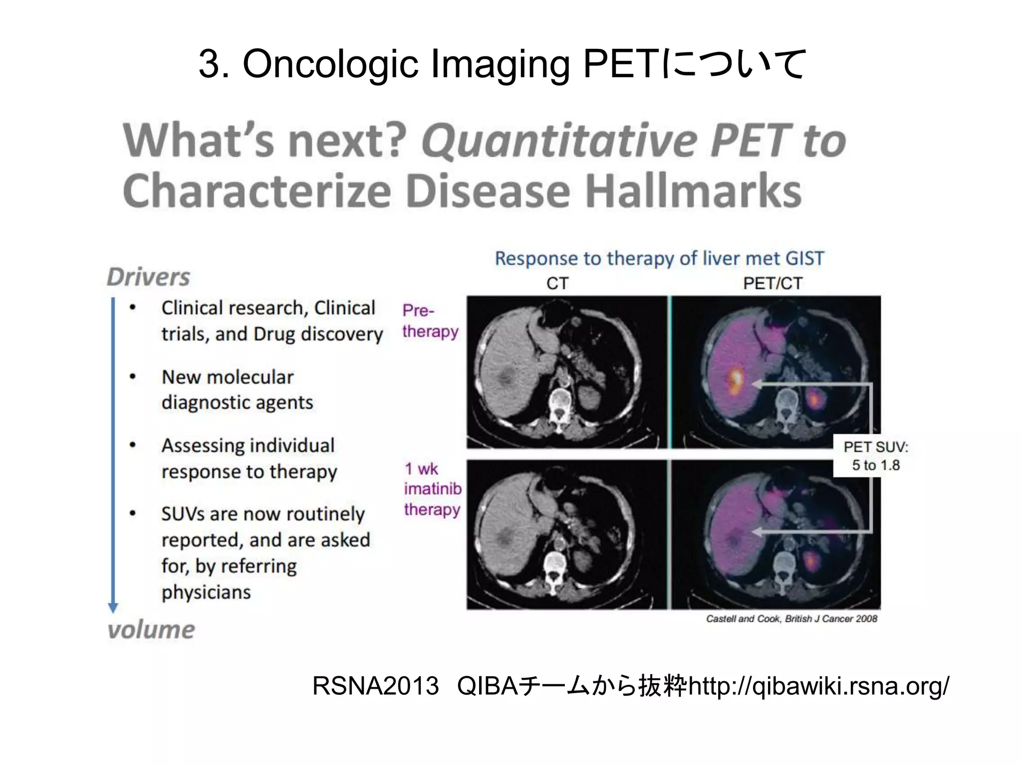 3. Oncologic Imaging PETについて
RSNA2013 QIBAチームから抜粋http://qibawiki.rsna.org/
 