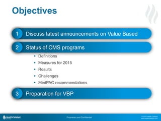 © 2015 Health Catalyst
www.healthcatalyst.com
Proprietary and Confidential
Objectives
 Definitions
 Measures for 2015
 Results
 Challenges
 MedPAC recommendations
Discuss latest announcements on Value Based1
Status of CMS programs2
Preparation for VBP3
 