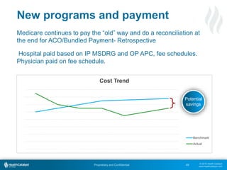 © 2015 Health Catalyst
www.healthcatalyst.com
Proprietary and Confidential
New programs and payment
Medicare continues to pay the “old” way and do a reconciliation at
the end for ACO/Bundled Payment- Retrospective
Hospital paid based on IP MSDRG and OP APC, fee schedules.
Physician paid on fee schedule.
48
Cost Trend
Benchmark
Actual
Potential
savings
 
