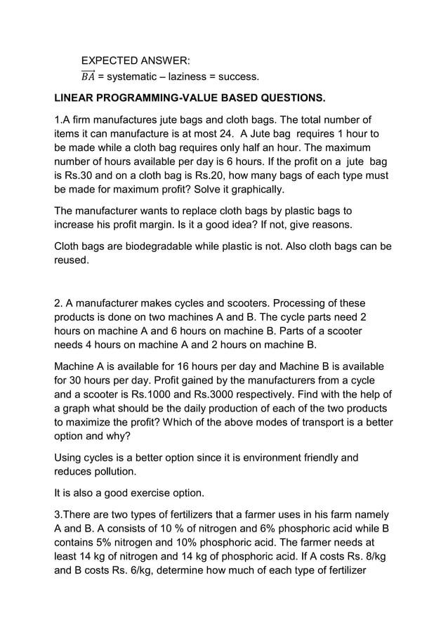 Value based questions xii maths PDF