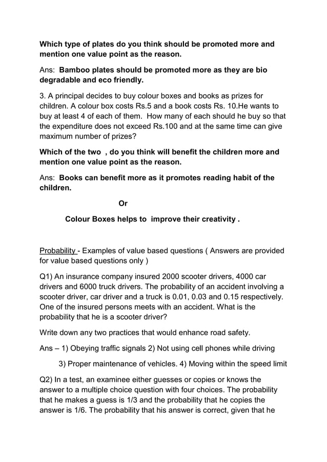 Value based questions xii maths PDF