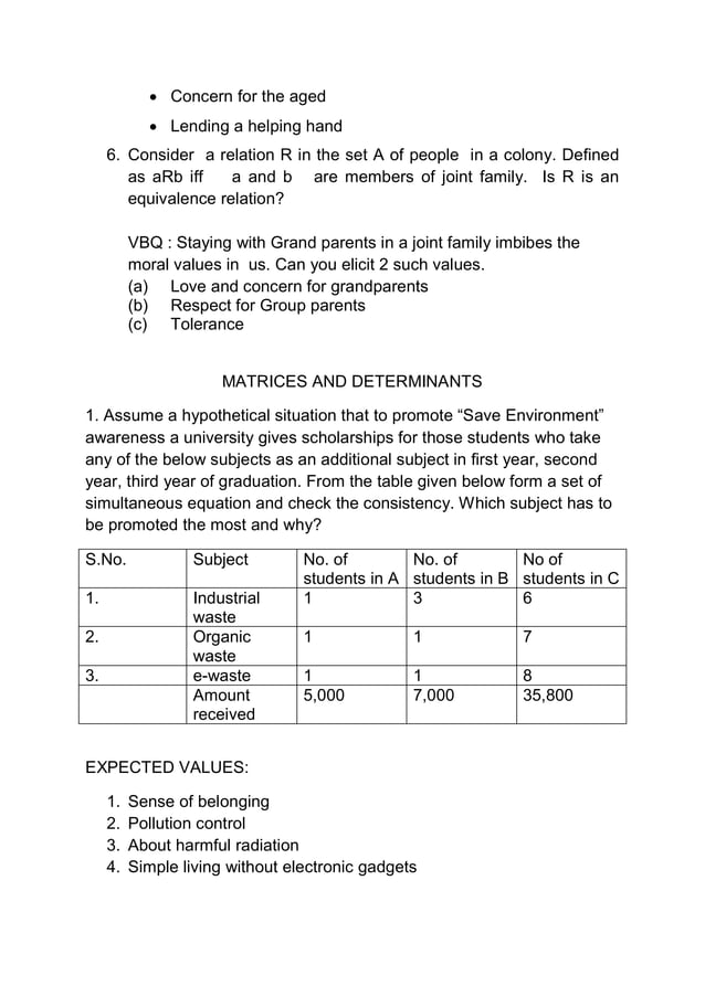 Value based questions xii- maths | PDF | Nutrition | Healthy Living