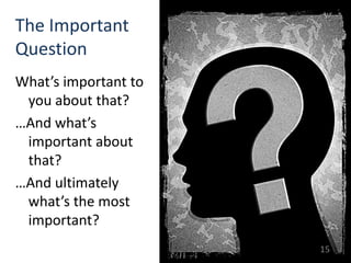 The Important
Question
What’s important to
 you about that?
…And what’s
 important about
 that?
…And ultimately
 what’s the most
 important?
                      15
 