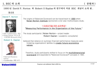 /37 (  ??? ) David P. Norton BSC Collaborative  ?? Nolan Norton  ????   =>KPMG Research Arm Harvard Business School Leadership  ?? ?? Robert S. Kaplan ??? The origins of Balanced Scorecard can be traced back to  1990  when  Nolan Norton Institute  sponsored a one-year multicompany study,   ????? ?? ????  Measuring Performance in the Organization of the Future.    The study participants (  Nolan Norton   C  project leader Robert Kaplan   C  academic consultants) believed that reliance on summary financial-performance measures were hindering organizations   abilities to  create future economics values .  Therefore, study participants shifted to focus on the  multidimensional scorecard  and expanded to   Balanced Scorecard   concepts in 1992.  1. BSC ? ?? 1990 ?  David P. Norton  ?  Robert S Kaplan ? ???? ??  BSC  ??? ?? ? . 