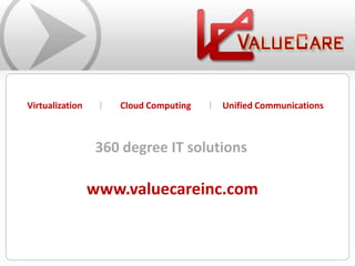 Virtualization | Cloud Computing | Unified Communications 360 degree IT solutions www.valuecareinc.com 