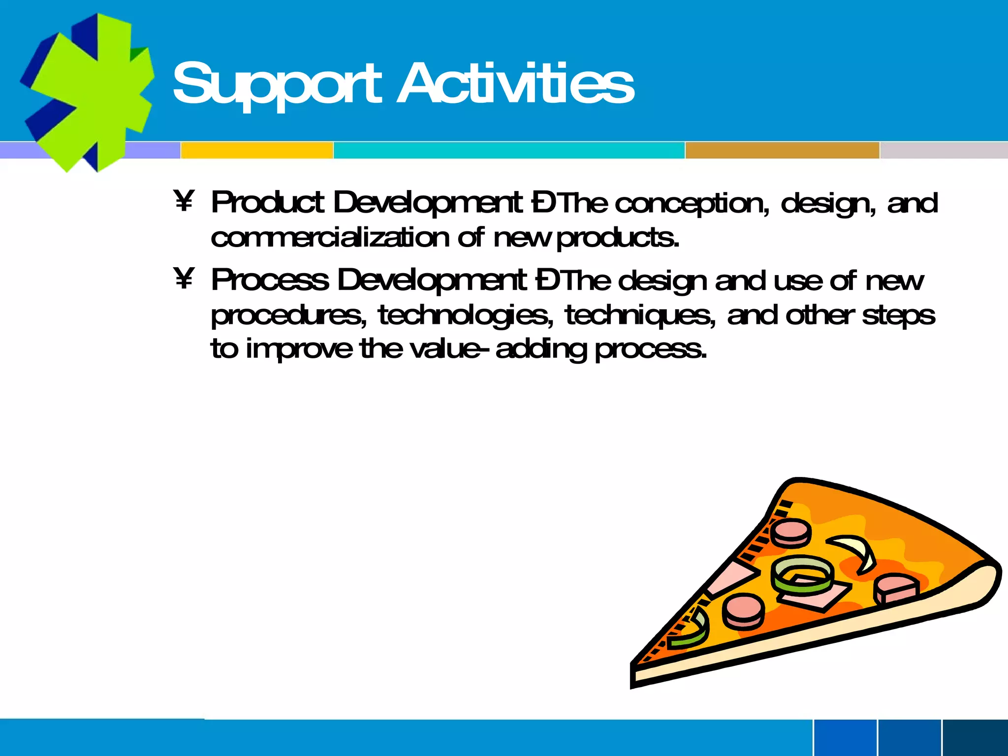 Support Activities Product Development  –  The conception, design, and commercialization of new products. Process Development  –  The design and use of new procedures, technologies, techniques, and other steps to improve the value-adding process. 