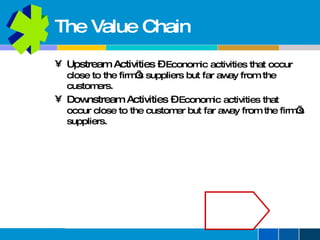 The Value Chain Upstream Activities  –   Economic activities that occur close to the firm’s suppliers but far away from the customers. Downstream Activities  –   Economic activities that occur close to the customer but far away from the firm’s suppliers. 