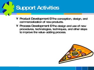 Support Activities Product Development  –  The conception, design, and commercialization of new products. Process Development  –  The design and use of new procedures, technologies, techniques, and other steps to improve the value-adding process. 