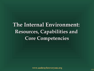 Ch3
The Internal Environment:The Internal Environment:
Resources, Capabilities andResources, Capabilities and
Core CompetenciesCore Competencies
www.aashrayforeveryone.org
 