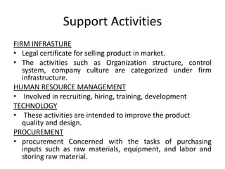 Support Activities
FIRM INFRASTURE
• Legal certificate for selling product in market.
• The activities such as Organization structure, control
system, company culture are categorized under firm
infrastructure.
HUMAN RESOURCE MANAGEMENT
• Involved in recruiting, hiring, training, development
TECHNOLOGY
• These activities are intended to improve the product
quality and design.
PROCUREMENT
• procurement Concerned with the tasks of purchasing
inputs such as raw materials, equipment, and labor and
storing raw material.
 