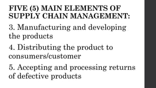 FIVE (5) MAIN ELEMENTS OF
SUPPLY CHAIN MANAGEMENT:
3. Manufacturing and developing
the products
4. Distributing the product to
consumers/customer
5. Accepting and processing returns
of defective products
 