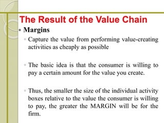 The Result of the Value Chain
 Margins
◦ Capture the value from performing value-creating
activities as cheaply as possible
◦ The basic idea is that the consumer is willing to
pay a certain amount for the value you create.
◦ Thus, the smaller the size of the individual activity
boxes relative to the value the consumer is willing
to pay, the greater the MARGIN will be for the
firm.
 