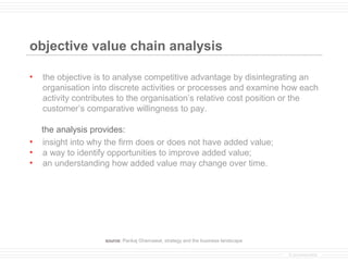 objective value chain analysis

•   the objective is to analyse competitive advantage by disintegrating an
    organisation into discrete activities or processes and examine how each
    activity contributes to the organisation’s relative cost position or the
    customer’s comparative willingness to pay.

    the analysis provides:
•   insight into why the firm does or does not have added value;
•   a way to identify opportunities to improve added value;
•   an understanding how added value may change over time.




                    source: Pankaj Ghemawat, strategy and the business landscape

                                                                                   © provenmodels
 