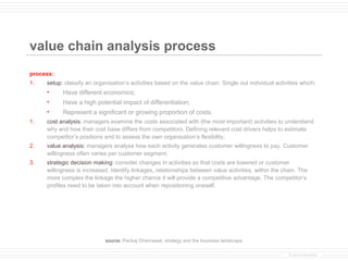 value chain analysis process
process:
1.   setup: classify an organisation’s activities based on the value chain. Single out individual activities which:
     •     Have different economics;
     •     Have a high potential impact of differentiation;
     •     Represent a significant or growing proportion of costs.
1.   cost analysis: managers examine the costs associated with (the most important) activities to understand
     why and how their cost base differs from competitors. Defining relevant cost drivers helps to estimate
     competitor’s positions and to assess the own organisation’s flexibility;
2.   value analysis: managers analyse how each activity generates customer willingness to pay. Customer
     willingness often varies per customer segment;
3.   strategic decision making: consider changes in activities so that costs are lowered or customer
     willingness is increased. Identify linkages, relationships between value activities, within the chain. The
     more complex the linkage the higher chance it will provide a competitive advantage. The competitor’s
     profiles need to be taken into account when repositioning oneself.




                            source: Pankaj Ghemawat, strategy and the business landscape

                                                                                                        © provenmodels
 