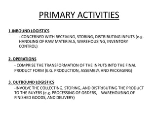 PRIMARY ACTIVITIES
1.INBOUND LOGISTICS
- CONCERNED WITH RECEIVING, STORING, DISTRIBUTING INPUTS (e.g.
HANDLING OF RAW MATERIALS, WAREHOUSING, INVENTORY
CONTROL)
2. OPERATIONS
- COMPRISE THE TRANSFORMATION OF THE INPUTS INTO THE FINAL
PRODUCT FORM (E.G. PRODUCTION, ASSEMBLY, AND PACKAGING)
3. OUTBOUND LOGISTICS
-INVOLVE THE COLLECTING, STORING, AND DISTRIBUTING THE PRODUCT
TO THE BUYERS (e.g. PROCESSING OF ORDERS, WAREHOUSING OF
FINISHED GOODS, AND DELIVERY)
 