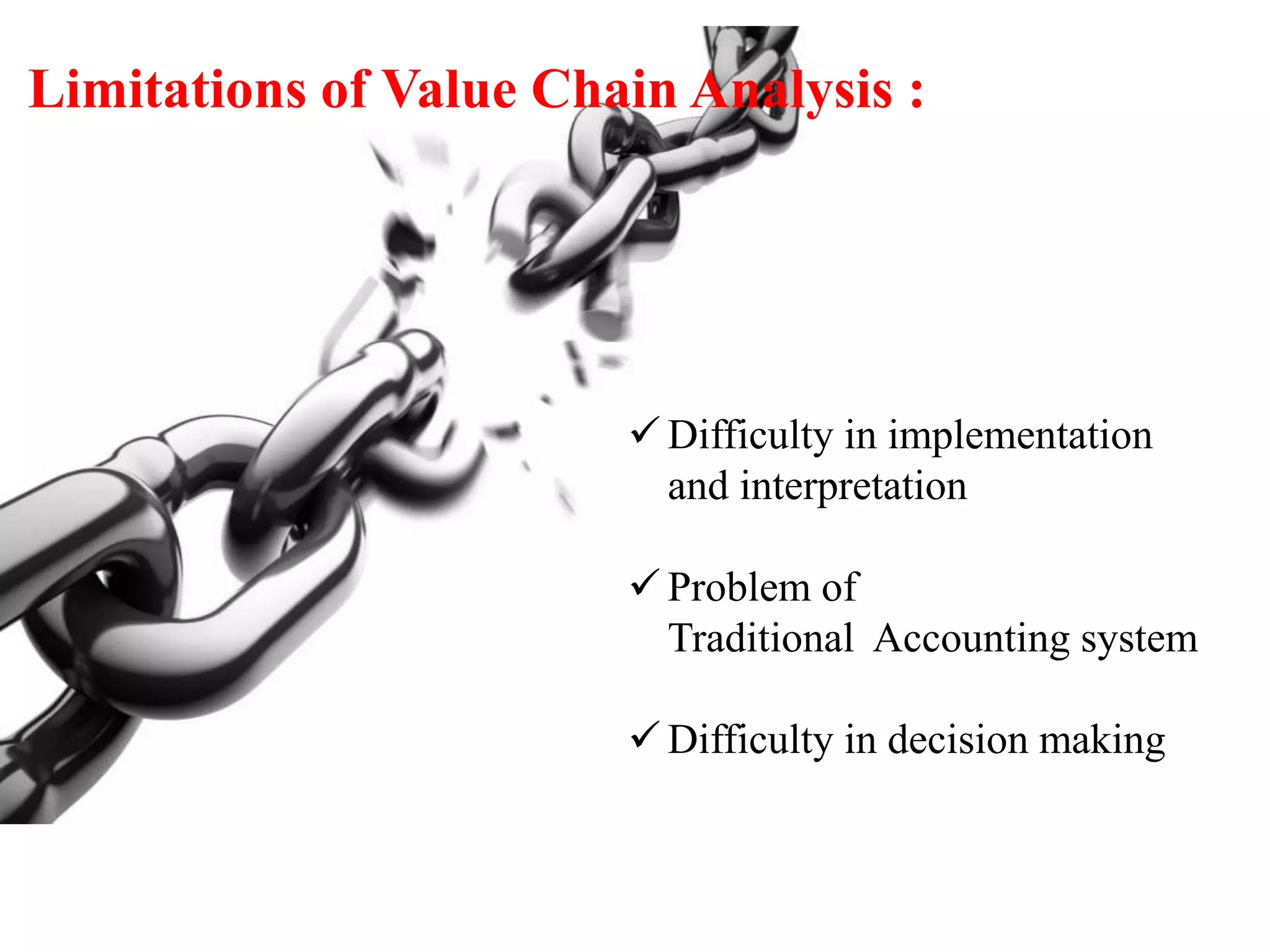 Limitations of Value Chain Analysis : 
 Difficulty in implementation 
and interpretation 
 Problem of 
Traditional Accounting system 
 Difficulty in decision making 
 